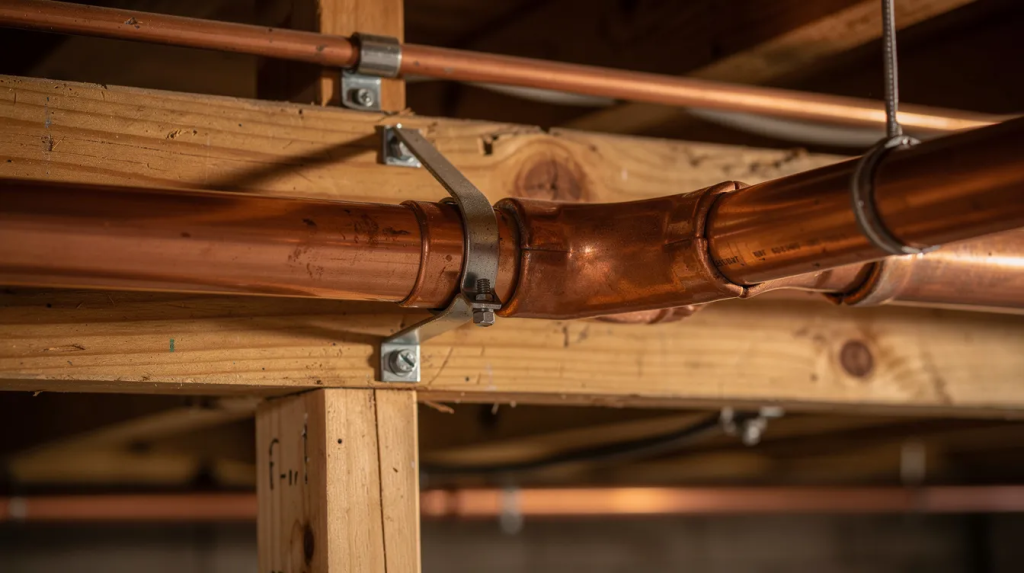 A close-up view of copper water pipes running along wooden joists in a basement, showcasing pipe clamps and supports. The image highlights elements of a plumbing system, where potential issues like noisy water pipes and water hammer can arise if pipes are not properly secured.