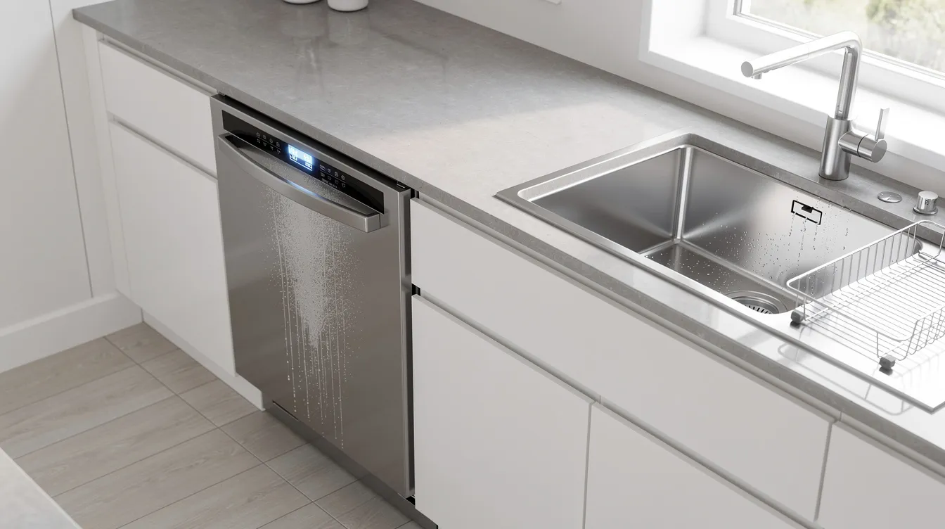 The image depicts a sleek, modern kitchen featuring a running dishwasher next to a stainless steel sink, highlighting the efficient use of space and contemporary design. This setup is ideal for homeowners looking to maximize energy savings and ensure reliable hot water access while maintaining a stylish living area.