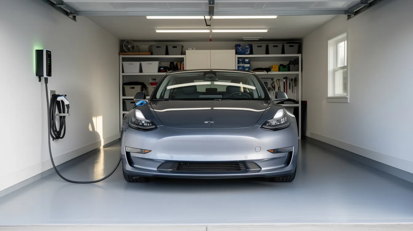 The image shows an electric vehicle connected to a Level 2 charger in a tidy residential garage, highlighting the integration of electric vehicles into everyday life. This setup emphasizes the importance of proper electrical wiring and installation, showcasing the need for skilled electricians to ensure safety and efficiency in home electrical systems.