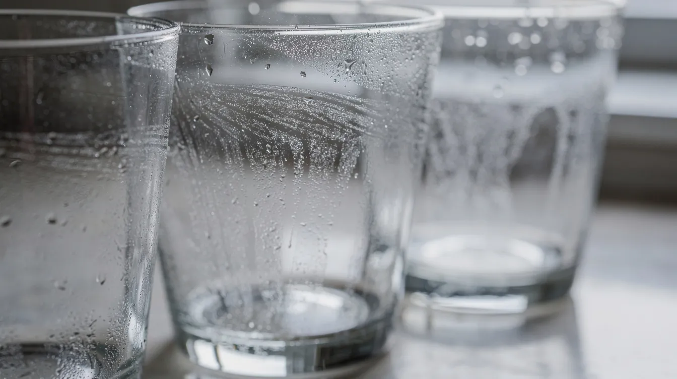 The image shows a close-up view of clear drinking glasses adorned with water droplets and some residue, highlighting the effects of water quality and potential issues with dishwashers or water heaters. The clarity of the glasses contrasts with the moisture, emphasizing the importance of reliable hot water and energy efficiency in maintaining clean kitchenware.
