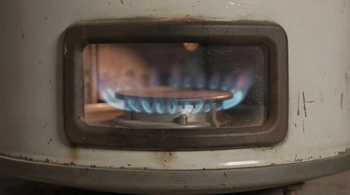 The image shows a blue gas burner flame flickering through the viewing window at the bottom of a residential gas water heater, indicating that the heating element is active. This visual suggests the importance of regular water heater maintenance to ensure optimal performance and safety.