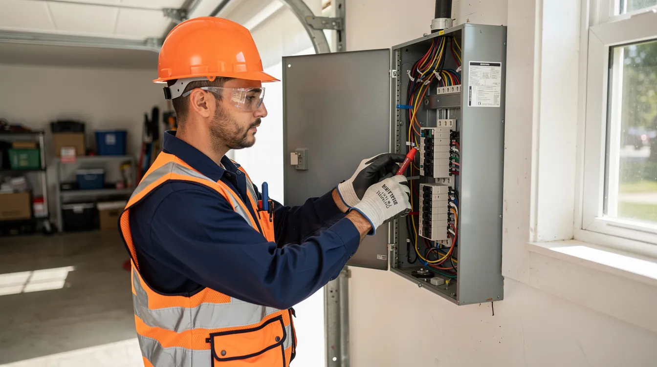 An electrician in full safety gear is working diligently on a residential electrical panel located in a garage, ensuring proper electrical wiring and installation. This skilled professional is part of the electrical services industry, focusing on electrical panel upgrades and maintenance to prevent potential electrical issues.