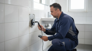 A plumber is using a handheld acoustic listening device pressed against a tiled bathroom wall to identify a hidden water leak, demonstrating reliable leak detection techniques to prevent potential water damage. The professional is focused on locating the source of the leak, ensuring quick resolution and protection for the property.
