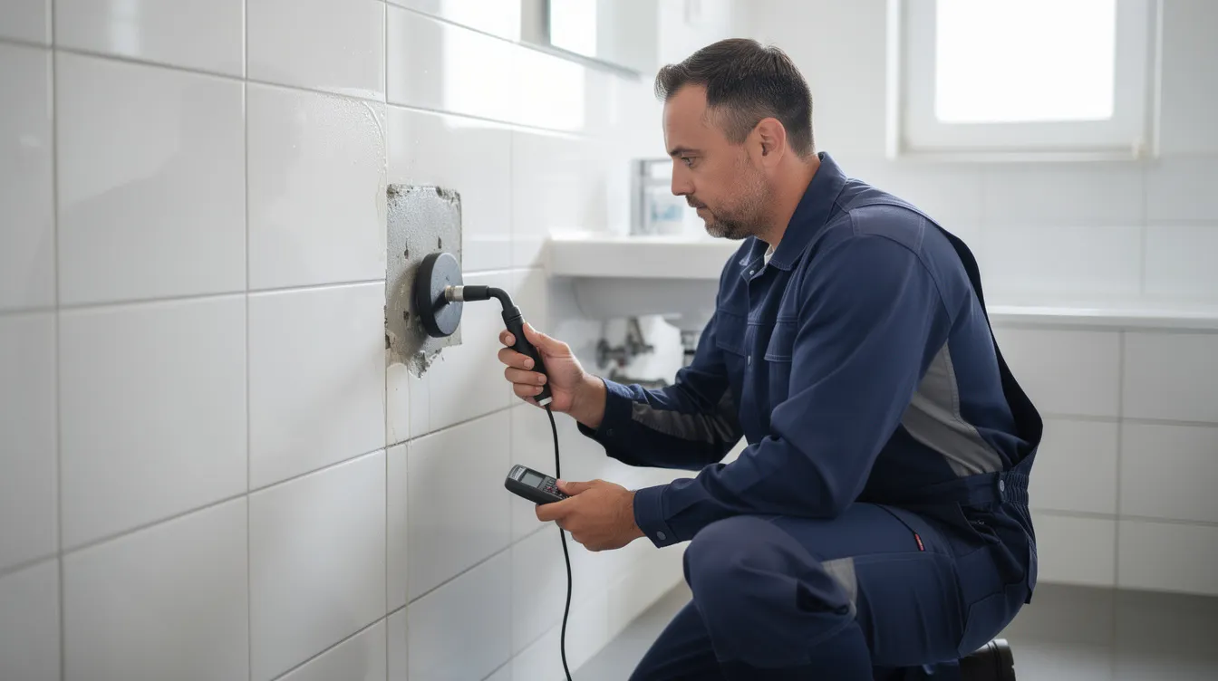 A plumber is using a handheld acoustic listening device pressed against a tiled bathroom wall to identify a hidden water leak, demonstrating reliable leak detection techniques to prevent potential water damage. The professional is focused on locating the source of the leak, ensuring quick resolution and protection for the property.