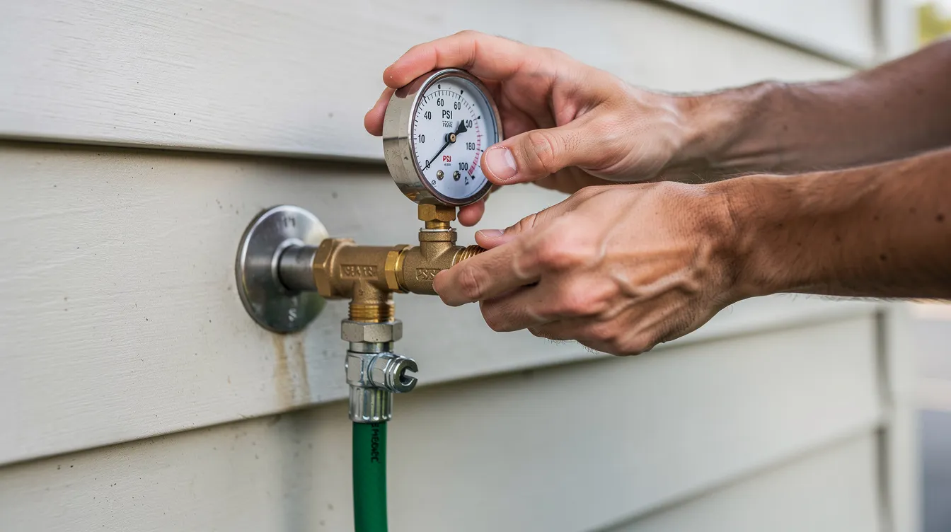 A homeowner is seen attaching a water pressure gauge to an outdoor hose bib to test the residential water pressure, which can help identify plumbing problems such as excessive water pressure and noisy pipes. This action is part of regular maintenance to ensure the plumbing system functions properly and to prevent issues like water hammer and pipe damage.