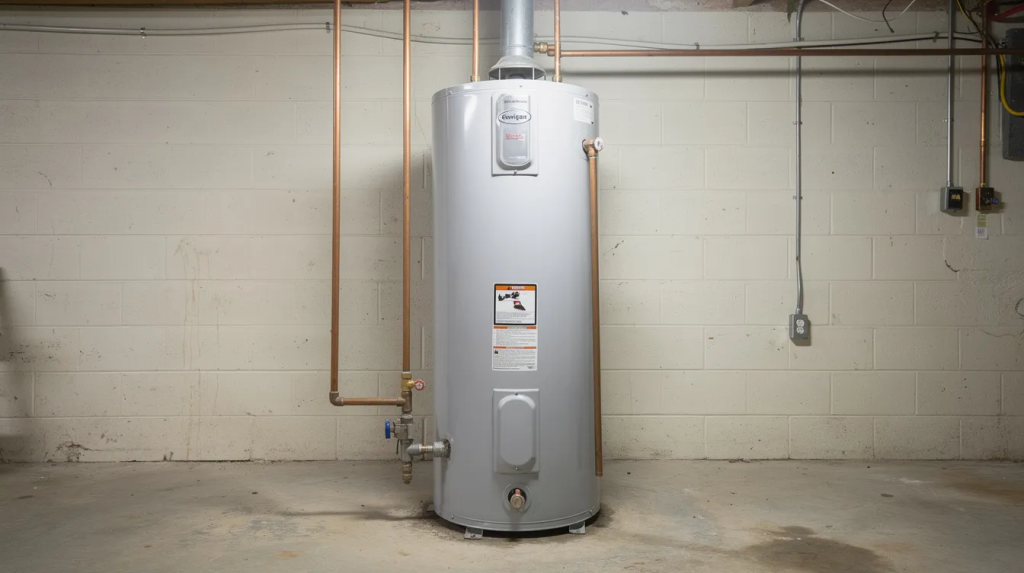 The image shows a standard residential water heater tank installed in a basement utility room, featuring a concrete floor and copper pipes. This gas water heater is equipped with a pressure relief valve and a drain valve, highlighting essential components for regular water heater maintenance tasks.