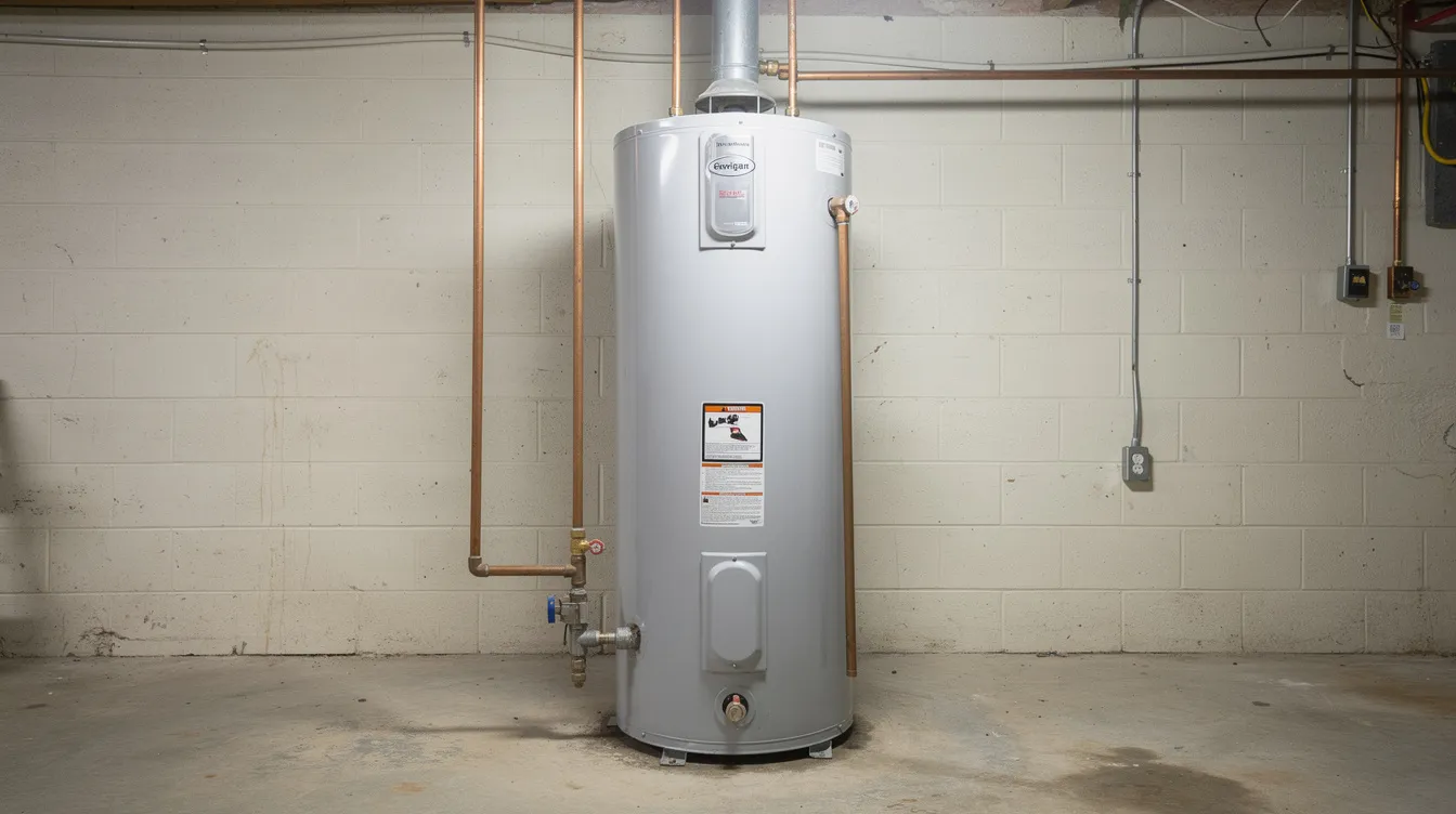 The image shows a standard residential water heater tank installed in a basement utility room, featuring a concrete floor and copper pipes. This gas water heater is equipped with a pressure relief valve and a drain valve, highlighting essential components for regular water heater maintenance tasks.