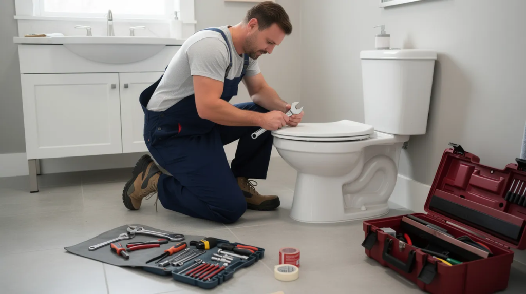 A professional plumber kneels beside a toilet in a residential bathroom, surrounded by tools on the finished floor, preparing for a plumbing job that may involve toilet repair or installation. The scene emphasizes the importance of maintaining a functional plumbing system for most homeowners.