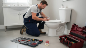 A professional plumber kneels beside a toilet in a residential bathroom, surrounded by tools on the finished floor, preparing for a plumbing job that may involve toilet repair or installation. The scene emphasizes the importance of maintaining a functional plumbing system for most homeowners.