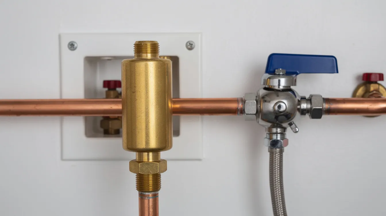The image shows a water hammer arrestor device installed on a copper pipe near a washing machine supply valve, designed to reduce the loud banging noise associated with water hammer in plumbing systems. This device helps to secure loose pipes and manage excessive water pressure, preventing costly repairs caused by hydraulic shock.