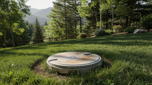 The image shows a residential backyard nestled in a wooded mountain area, featuring a round septic tank access lid that is partially surrounded by lush green grass. This setting highlights the importance of regular septic system maintenance to prevent issues such as clogged drains and sewage backups.