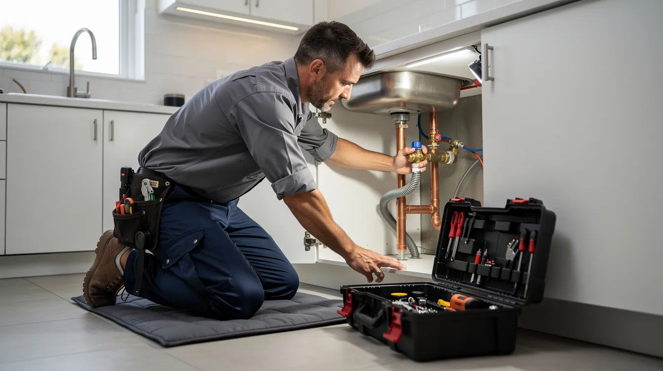 A plumber is inspecting copper pipes and water connections under a kitchen counter, ensuring the proper functioning of the plumbing system. This inspection is crucial for identifying potential issues that could affect the performance of hot water heaters, whether tankless or traditional, and to maintain reliable hot water flow for household needs.