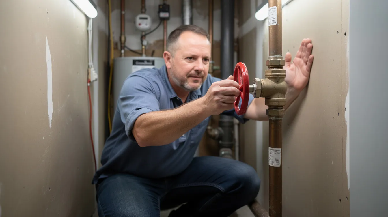 A homeowner is seen turning a round main water shutoff valve in a utility closet, taking proactive steps to prevent potential water damage and leaks in their property. This action is crucial for early leak detection and ensuring reliable leak repair when issues arise.