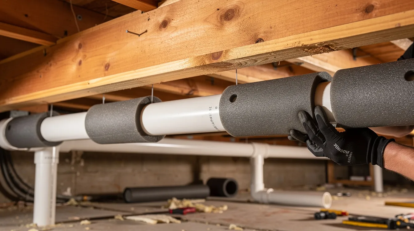 The image shows foam insulation sleeves being installed around PVC drain pipes that run through wooden floor joists, aimed at reducing noise and vibrations from the plumbing system. This installation helps address issues like water hammer and the loud banging sounds often caused by loose pipes.