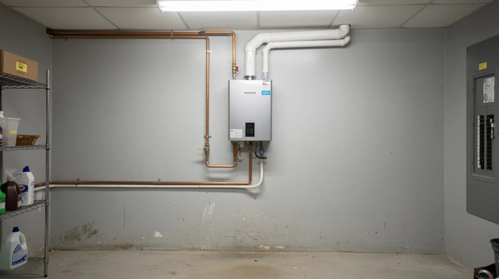 The image shows a compact tankless water heater unit mounted on a wall in a utility room, designed to provide reliable hot water on demand. This space-saving solution is ideal for homes with limited space, offering energy efficiency and endless hot water without the bulk of traditional storage tank water heaters.