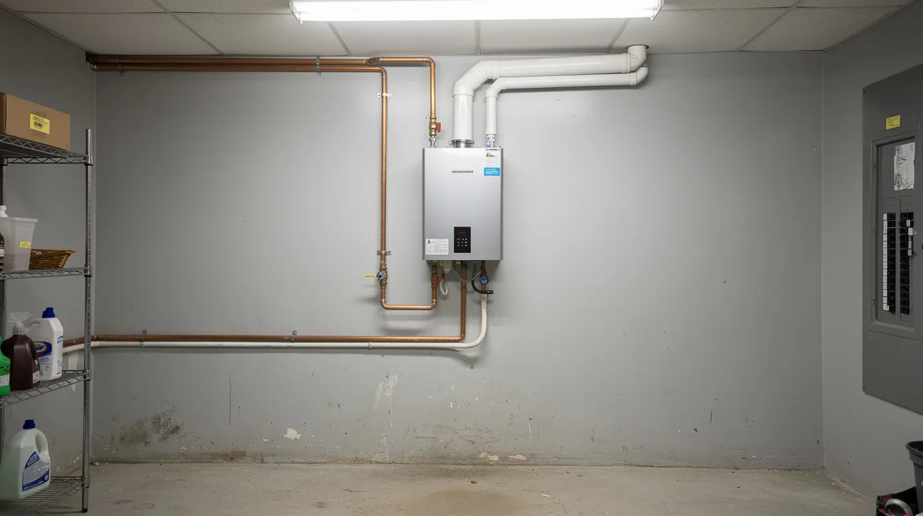 The image shows a compact tankless water heater unit mounted on a wall in a utility room, designed to provide reliable hot water on demand. This space-saving solution is ideal for homes with limited space, offering energy efficiency and endless hot water without the bulk of traditional storage tank water heaters.